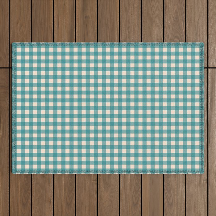 Gingham Check Pattern in Teal Cream Outdoor Rug Gallery Image 1
