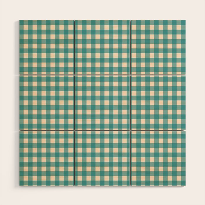 Gingham Check Pattern in Teal Cream Wood Wall Art Gallery Image 1