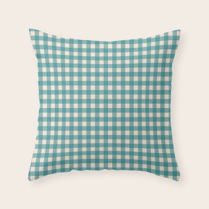 Gingham Check Pattern in Teal Cream Throw Pillow Gallery Image 6
