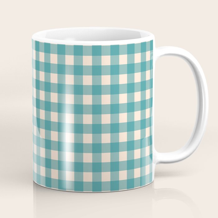 Gingham Check Pattern in Teal Cream Coffee Mug Gallery Image 1