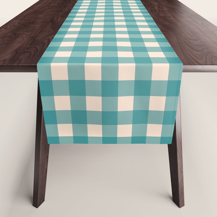 Gingham Check Pattern in Teal Cream Table Runner Gallery Image 1