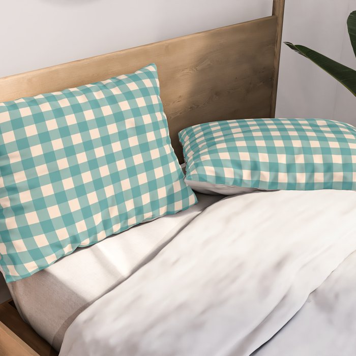 Gingham Check Pattern in Teal Cream Pillow Sham Gallery Image 2