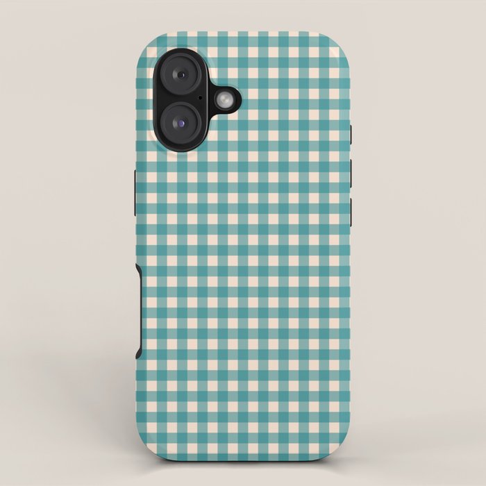 Gingham Check Pattern in Teal Cream iPhone Case Gallery Image 1
