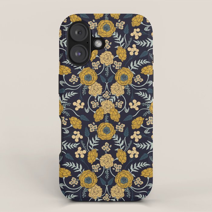Navy Blue, Turquoise, Cream & Mustard Yellow Dark Floral Pattern iPhone Case Gallery Image 1