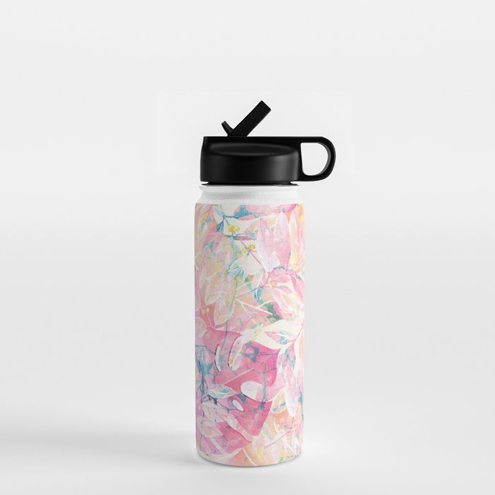 Modern pink coral green watercolor tropical leaves floral Water Bottle Gallery Image 1