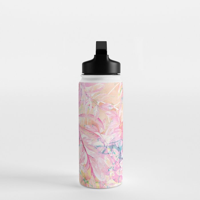 Modern pink coral green watercolor tropical leaves floral Water Bottle Gallery Image 3