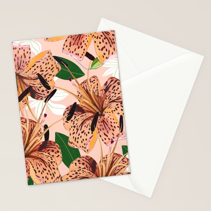 Tiger Lillies, Tropical Blush Botanical Illustration, Polka Dots Nature Vibrant Floral Jungle Stationery Card Gallery Image 2