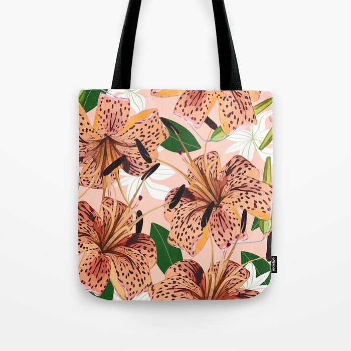 Tiger Lillies, Tropical Blush Botanical Illustration, Polka Dots Nature Vibrant Floral Jungle Tote Bag Gallery Image 1