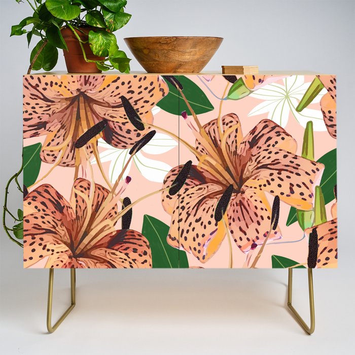 Tiger Lillies, Tropical Blush Botanical Illustration, Polka Dots Nature Vibrant Floral Jungle Credenza Gallery Image 1
