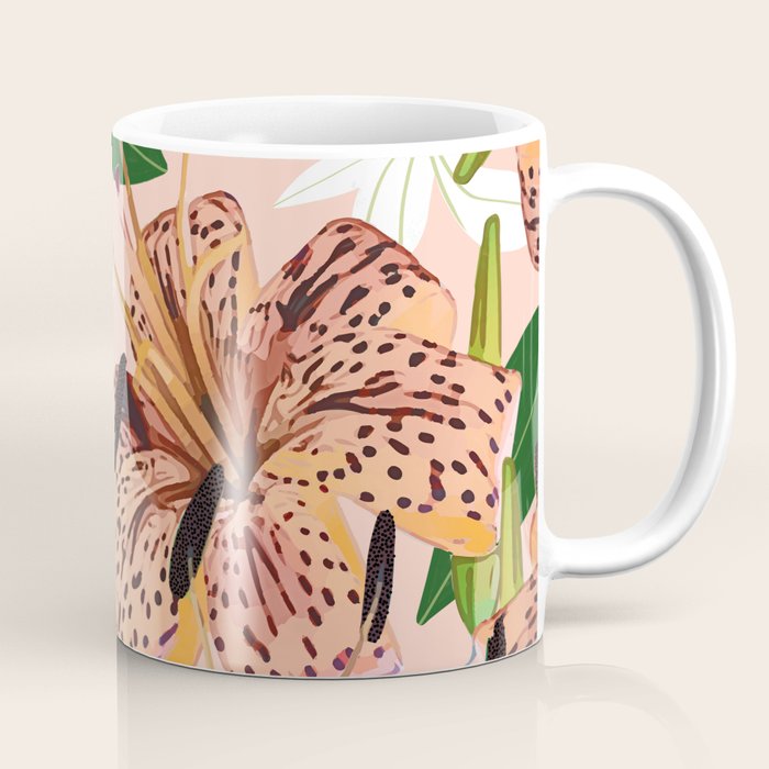 Tiger Lillies, Tropical Blush Botanical Illustration, Polka Dots Nature Vibrant Floral Jungle Coffee Mug Gallery Image 1