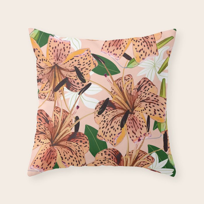Tiger Lillies, Tropical Blush Botanical Illustration, Polka Dots Nature Vibrant Floral Jungle Throw Pillow Gallery Image 1