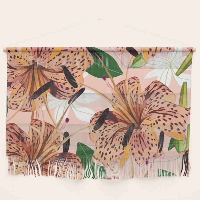 Tiger Lillies, Tropical Blush Botanical Illustration, Polka Dots Nature Vibrant Floral Jungle Wall Hanging Gallery Image 1