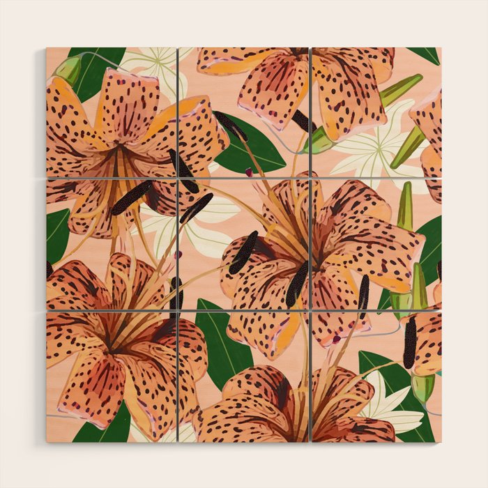 Tiger Lillies, Tropical Blush Botanical Illustration, Polka Dots Nature Vibrant Floral Jungle Wood Wall Art Gallery Image 1
