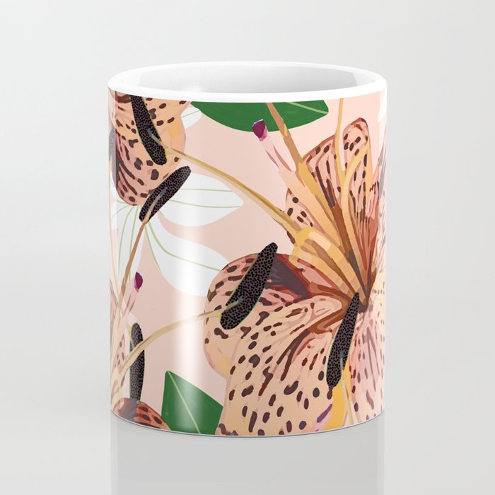 Tiger Lillies, Tropical Blush Botanical Illustration, Polka Dots Nature Vibrant Floral Jungle Coffee Mug Gallery Image 4