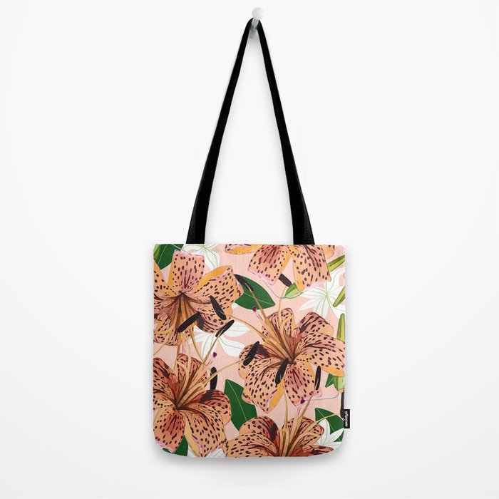 Tiger Lillies, Tropical Blush Botanical Illustration, Polka Dots Nature Vibrant Floral Jungle Tote Bag Gallery Image 2