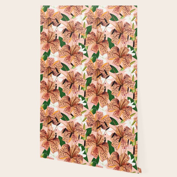 Tiger Lillies, Tropical Blush Botanical Illustration, Polka Dots Nature Vibrant Floral Jungle Wallpaper Gallery Image 2