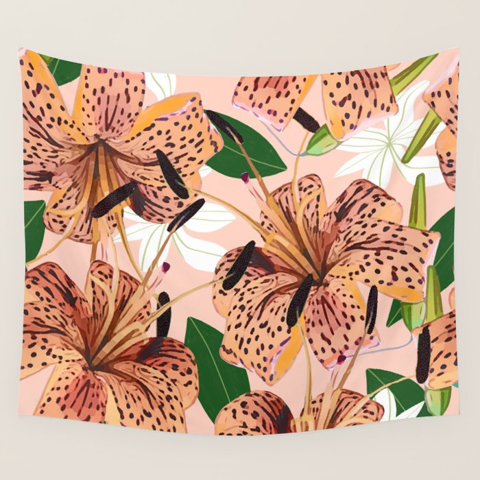 Tiger Lillies, Tropical Blush Botanical Illustration, Polka Dots Nature Vibrant Floral Jungle Wall Tapestry Gallery Image 4