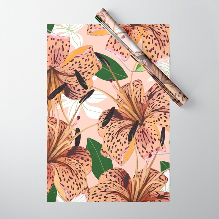 Tiger Lillies, Tropical Blush Botanical Illustration, Polka Dots Nature Vibrant Floral Jungle Wrapping Paper Gallery Image 1