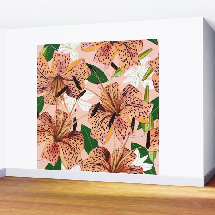 Tiger Lillies, Tropical Blush Botanical Illustration, Polka Dots Nature Vibrant Floral Jungle Wall Mural Gallery Image 2