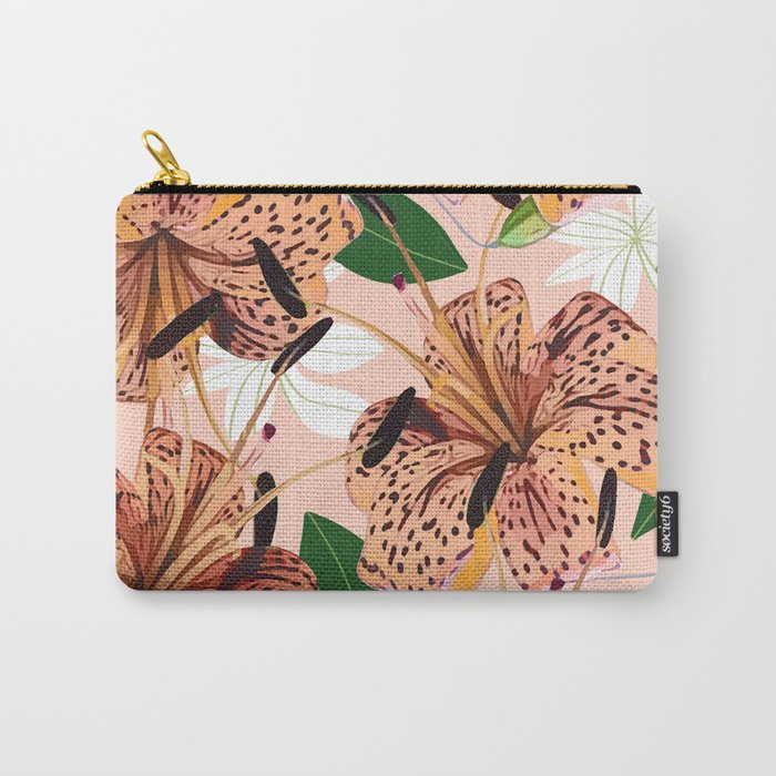 Tiger Lillies, Tropical Blush Botanical Illustration, Polka Dots Nature Vibrant Floral Jungle Carry All Pouch Gallery Image 1