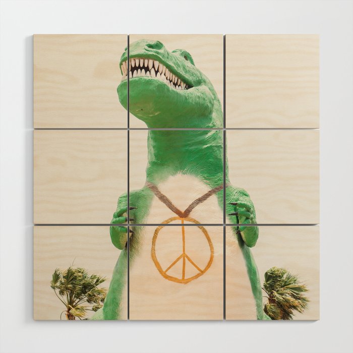 Green T-Rex Cabazon Dinosaur with Peace Sign - Palm Springs Wood Wall Art Gallery Image 1