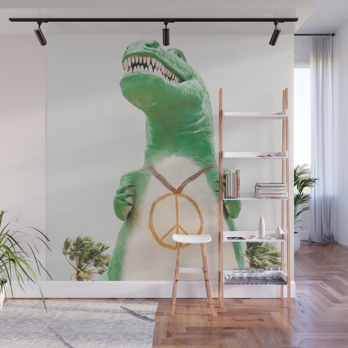 Green T-Rex Cabazon Dinosaur with Peace Sign - Palm Springs Wall Mural Gallery Image 1