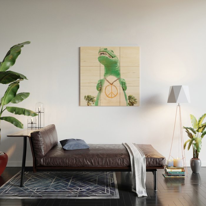 Green T-Rex Cabazon Dinosaur with Peace Sign - Palm Springs Wood Wall Art Gallery Image 2