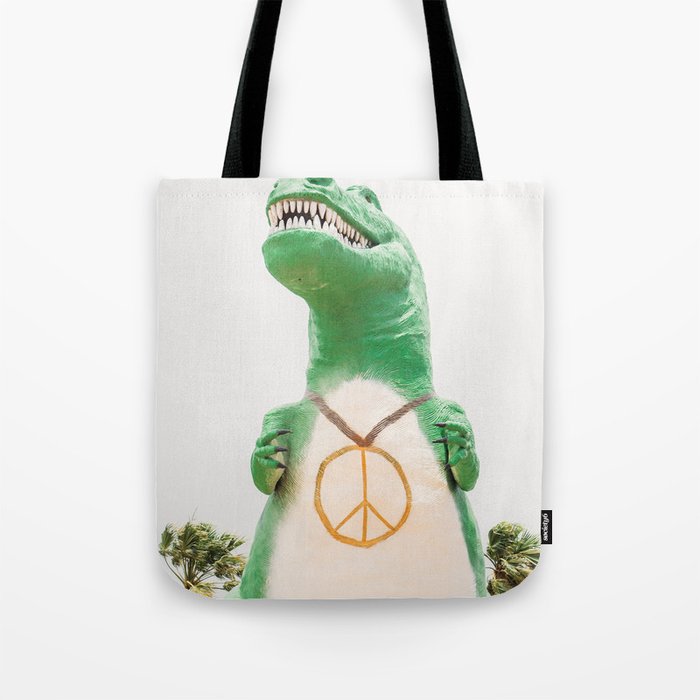 Green T-Rex Cabazon Dinosaur with Peace Sign - Palm Springs Tote Bag Gallery Image 1