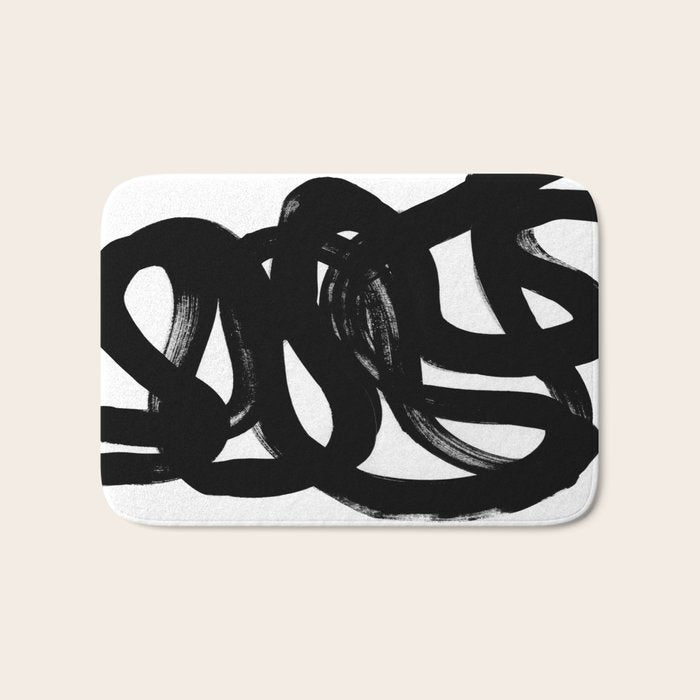 Swirl Black & White Minimalist Abstract Mid century Ink Art Dark Brush Strokes Bath Mat Gallery Image 1