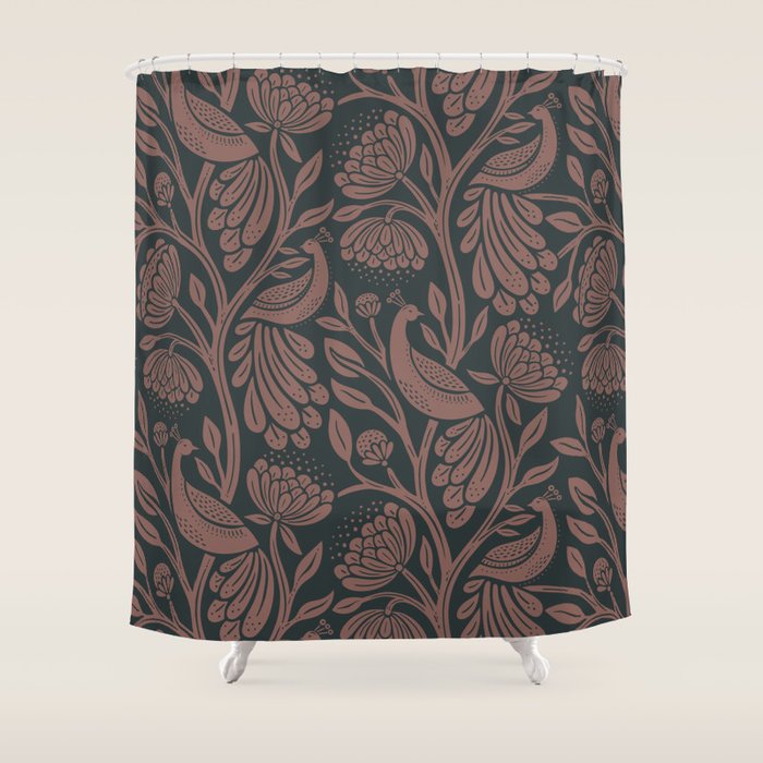 Peacock Dreams - Black & Terracotta Shower Curtain Gallery Image 1