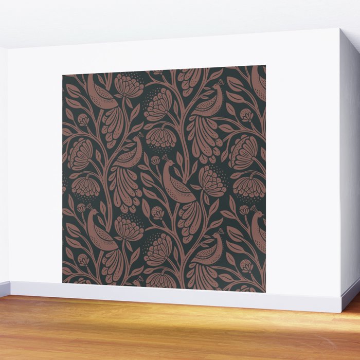 Peacock Dreams - Black & Terracotta Wall Mural Gallery Image 2