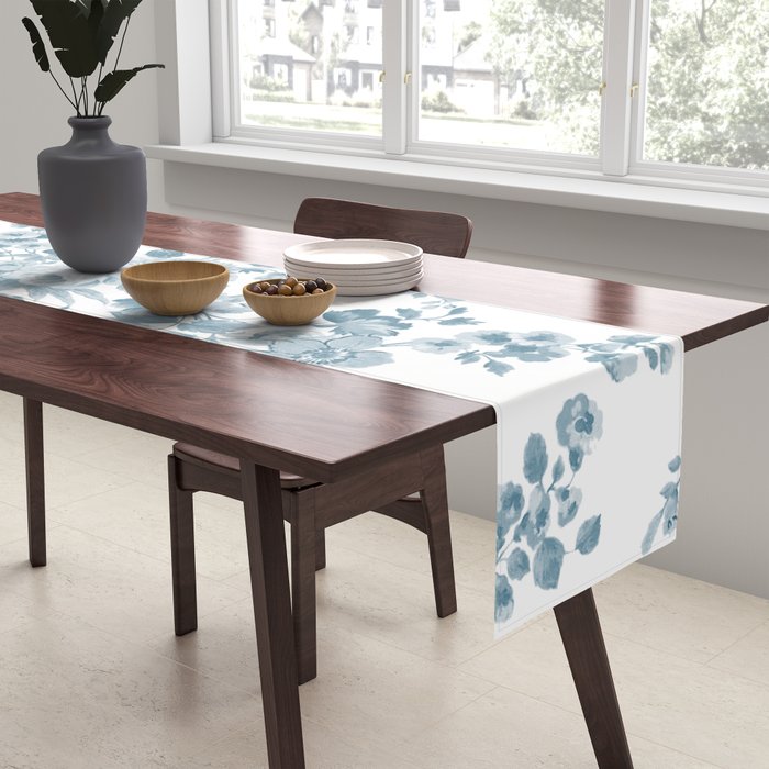 Vintage blue white bohemian elegant floral Table Runner Gallery Image 2