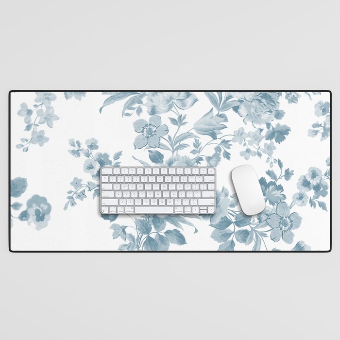 Vintage blue white bohemian elegant floral Desk Mat Gallery Image 1