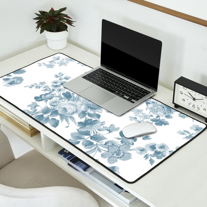Vintage blue white bohemian elegant floral Desk Mat Gallery Image 2