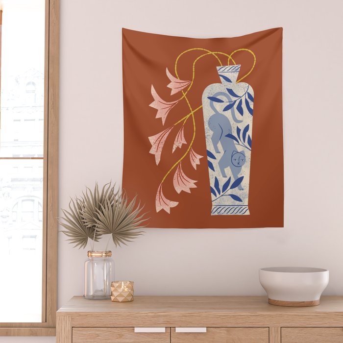 Lilies And Porcelain Cat Vase Wall Tapestry Gallery Image 2