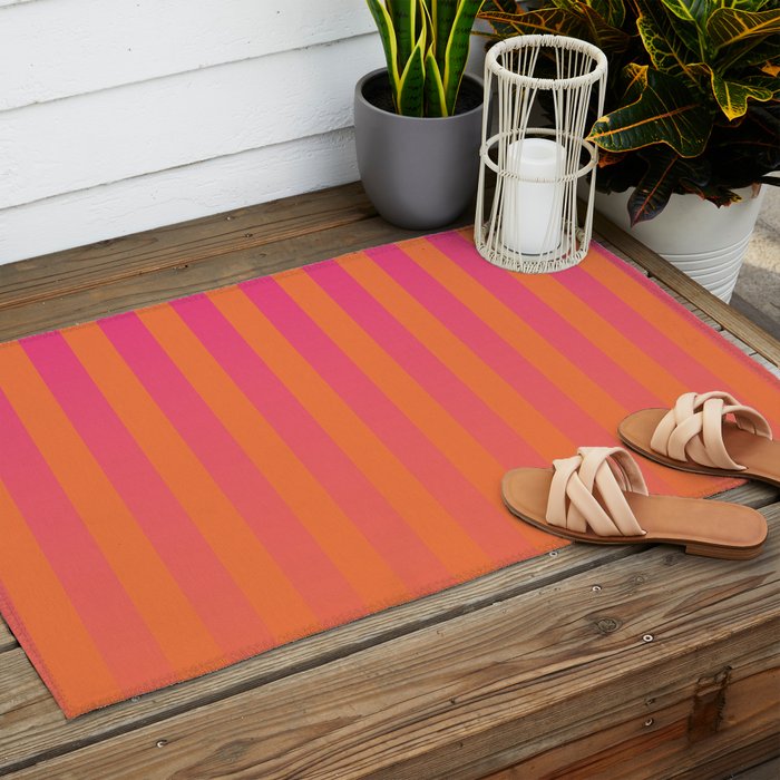 Dreamy Future Stripes Hot Pink and Orange Gradient Ombre Pattern Outdoor Rug Gallery Image 2
