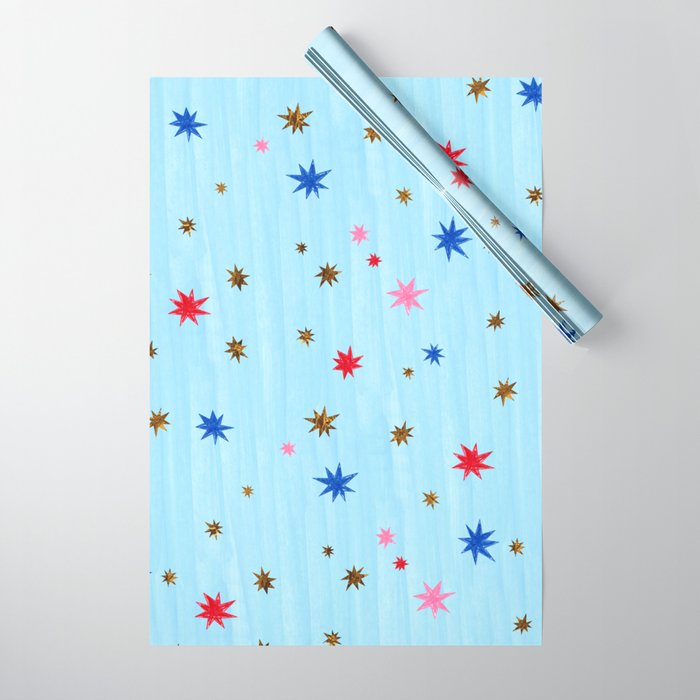 Celestial Star Twinkle in Sky Blue Watercolor Wrapping Paper Gallery Image 1