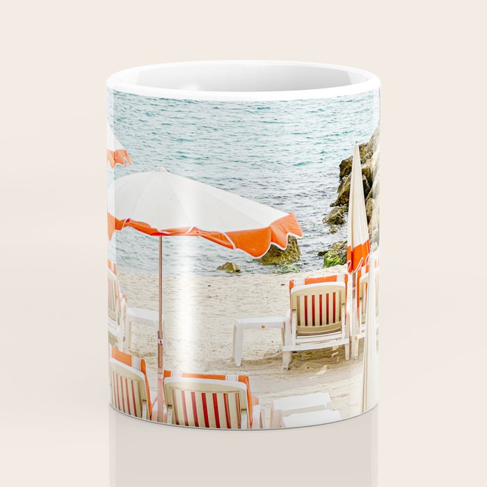 Southern France Beach Photography, Retro Beach Umbrellas, Monaco Beach Pastel Photography, Cote d'Azur France, French Riviera Print Coffee Mug Gallery Image 4