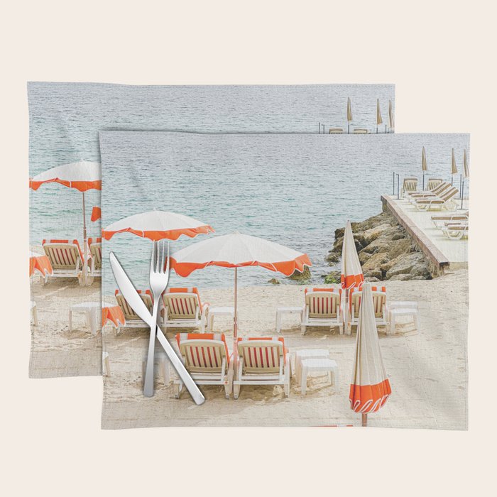 Southern France Beach Photography, Retro Beach Umbrellas, Monaco Beach Pastel Photography, Cote d'Azur France, French Riviera Print Placemat Gallery Image 1