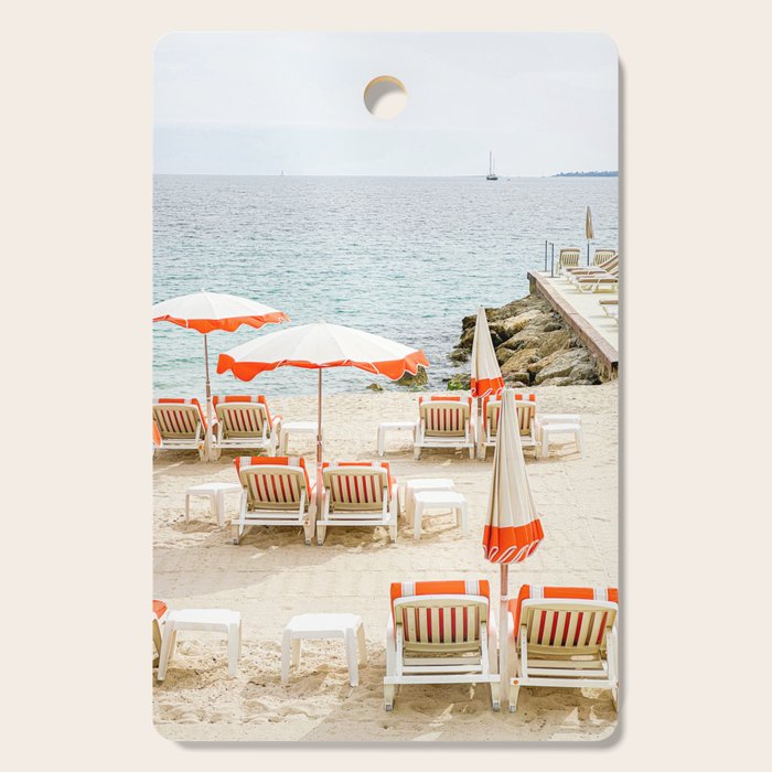 Southern France Beach Photography, Retro Beach Umbrellas, Monaco Beach Pastel Photography, Cote d'Azur France, French Riviera Print Cutting Board Gallery Image 1