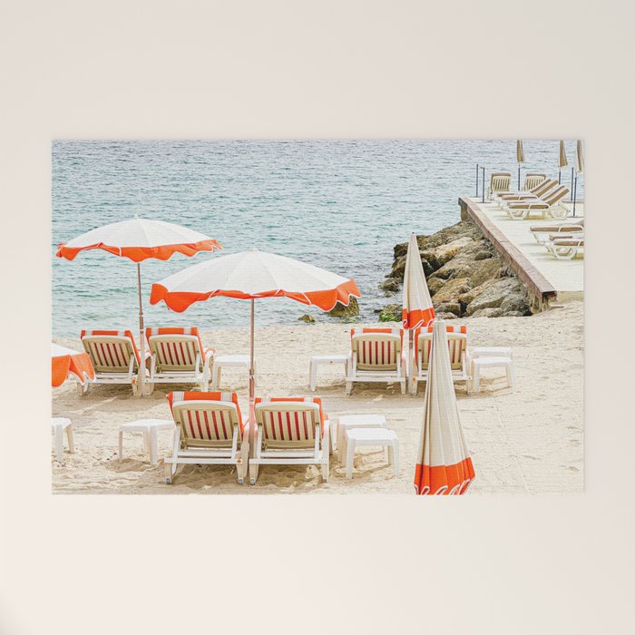 Southern France Beach Photography, Retro Beach Umbrellas, Monaco Beach Pastel Photography, Cote d'Azur France, French Riviera Print Welcome Mat Gallery Image 1