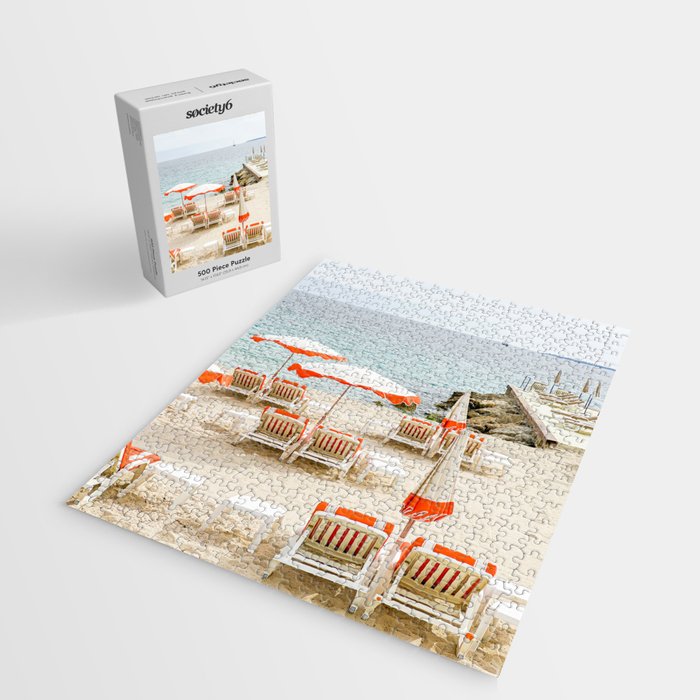 Southern France Beach Photography, Retro Beach Umbrellas, Monaco Beach Pastel Photography, Cote d'Azur France, French Riviera Print Jigsaw Puzzle Gallery Image 2