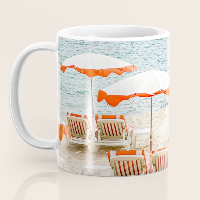 Southern France Beach Photography, Retro Beach Umbrellas, Monaco Beach Pastel Photography, Cote d'Azur France, French Riviera Print Coffee Mug Gallery Image 3