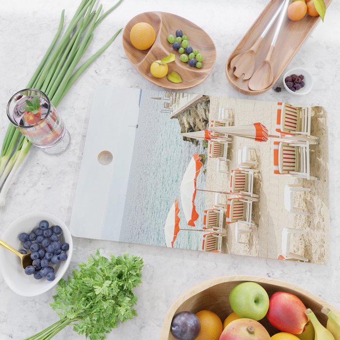 Southern France Beach Photography, Retro Beach Umbrellas, Monaco Beach Pastel Photography, Cote d'Azur France, French Riviera Print Cutting Board Gallery Image 2