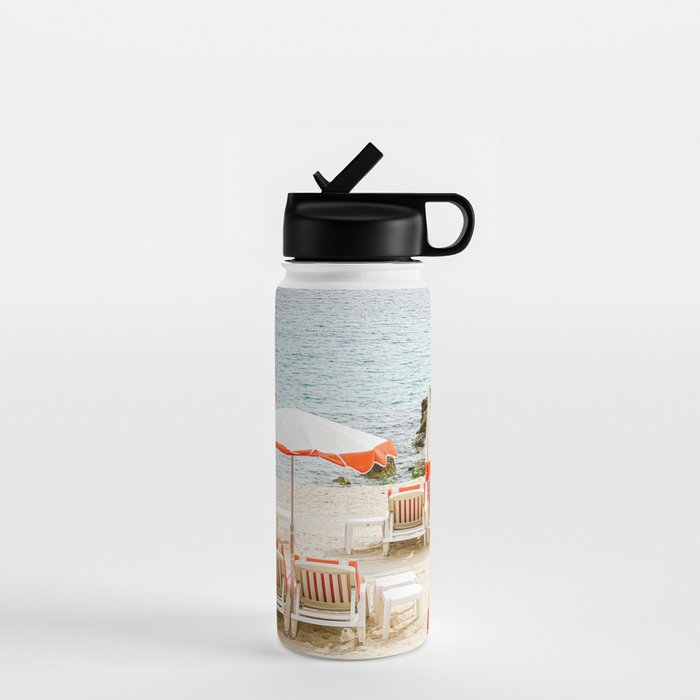 Southern France Beach Photography, Retro Beach Umbrellas, Monaco Beach Pastel Photography, Cote d'Azur France, French Riviera Print Water Bottle Gallery Image 1