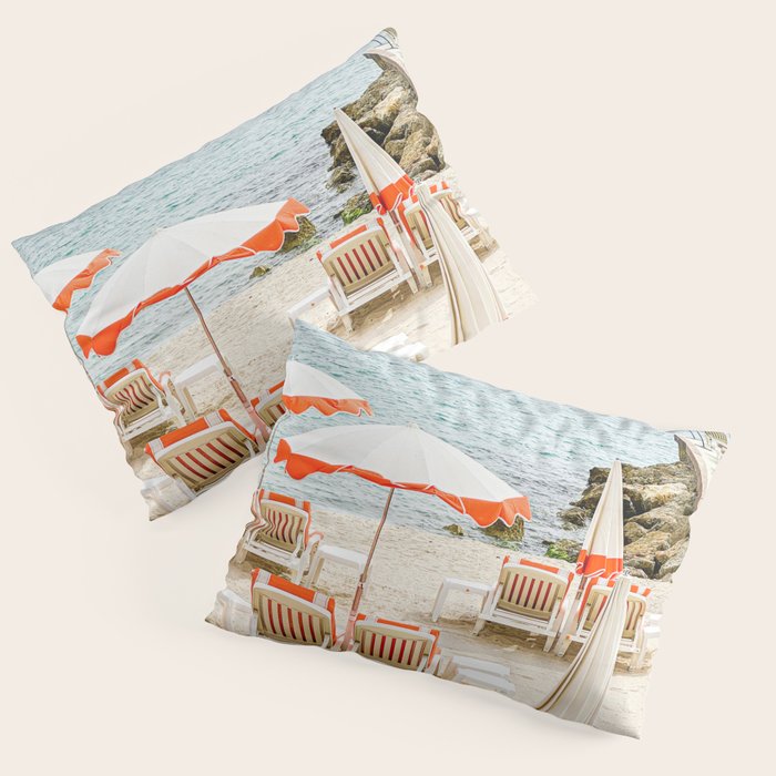Southern France Beach Photography, Retro Beach Umbrellas, Monaco Beach Pastel Photography, Cote d'Azur France, French Riviera Print Pillow Sham Gallery Image 3