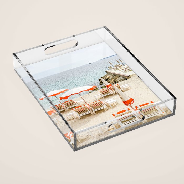 Southern France Beach Photography, Retro Beach Umbrellas, Monaco Beach Pastel Photography, Cote d'Azur France, French Riviera Print Acrylic Tray Gallery Image 1
