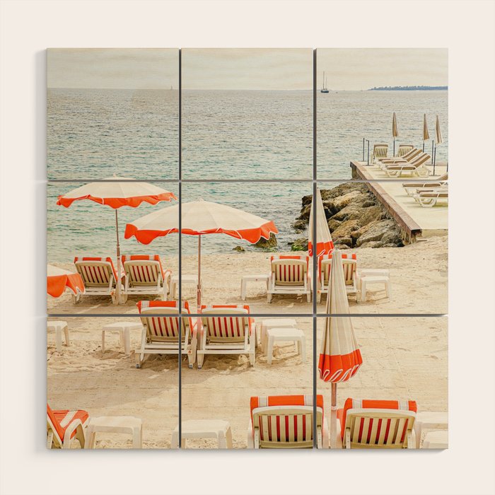 Southern France Beach Photography, Retro Beach Umbrellas, Monaco Beach Pastel Photography, Cote d'Azur France, French Riviera Print Wood Wall Art Gallery Image 1