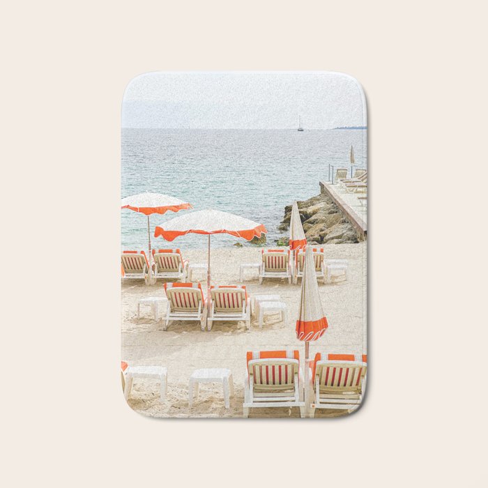Southern France Beach Photography, Retro Beach Umbrellas, Monaco Beach Pastel Photography, Cote d'Azur France, French Riviera Print Bath Mat Gallery Image 1