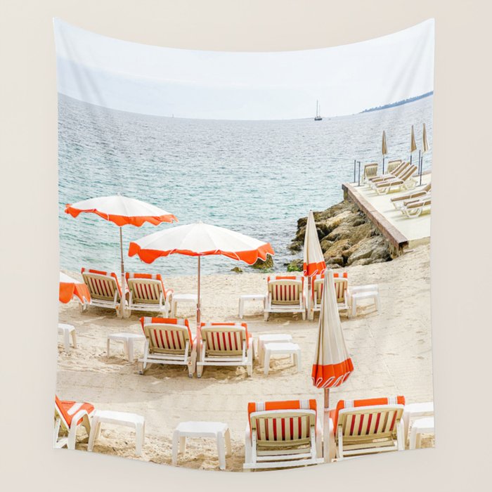 Southern France Beach Photography, Retro Beach Umbrellas, Monaco Beach Pastel Photography, Cote d'Azur France, French Riviera Print Wall Tapestry Gallery Image 1
